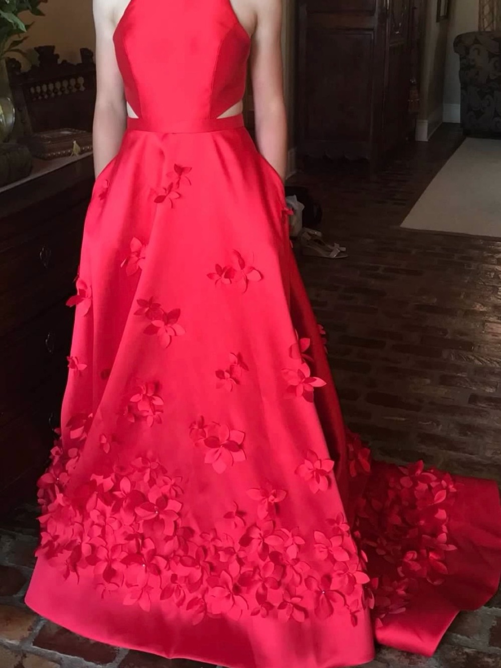 Sherri Hill Red 3D Floral Halter Prom Gown
